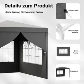 toboli Pavillon 3 x 3 m inkl. 3 Seitenteile Grau