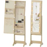 Schmuckspiegel Mit Led-beleuchtung, Schmuckschrank, Freistehender Schmuckschrank Mit Ganzkörperspiegel, Verstellbarer Winkel, Naturholz