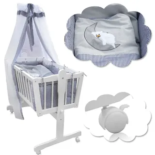 Oskar Wiege weiß inkl. Komplettset Mondbär blau/grau