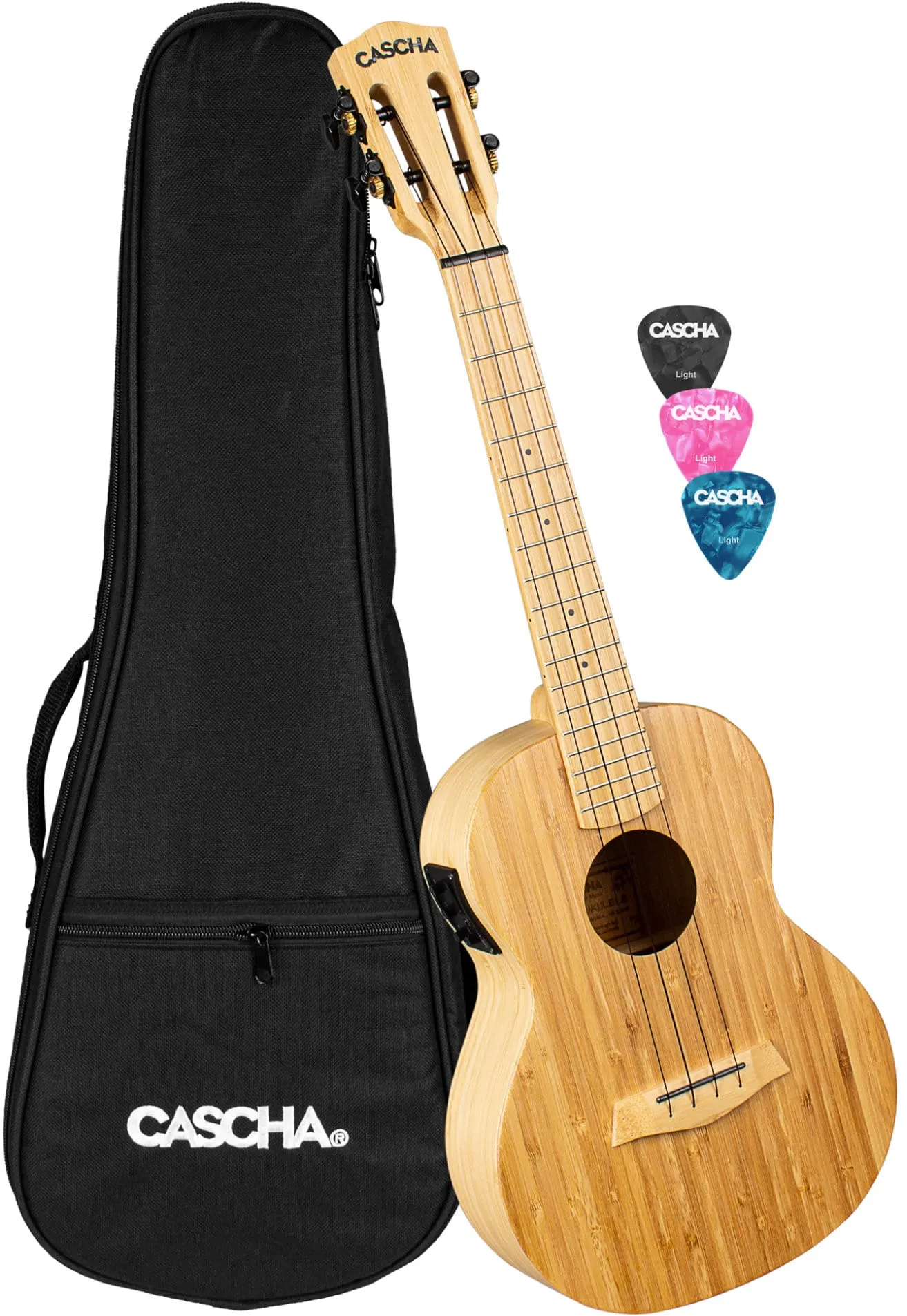 Cascha 2314E Tenor Ukulele Bamboo Natur Bundle mit Tonabnehmer