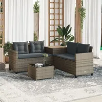 vidaXL Gartensofa in L-Form mit Tisch und Kissen Grau Poly Rattan