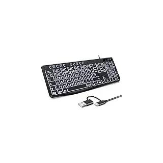 OMOTON Beleuchtete Tastatur, Kabel PC Tastatur, QWERTZ Weiß Beleuchtet mit großem Druck, 2 in 1 USB A/C- Für Senioren, Kinder, Sehbehinderte für Windows mit Multimedia-Tasten