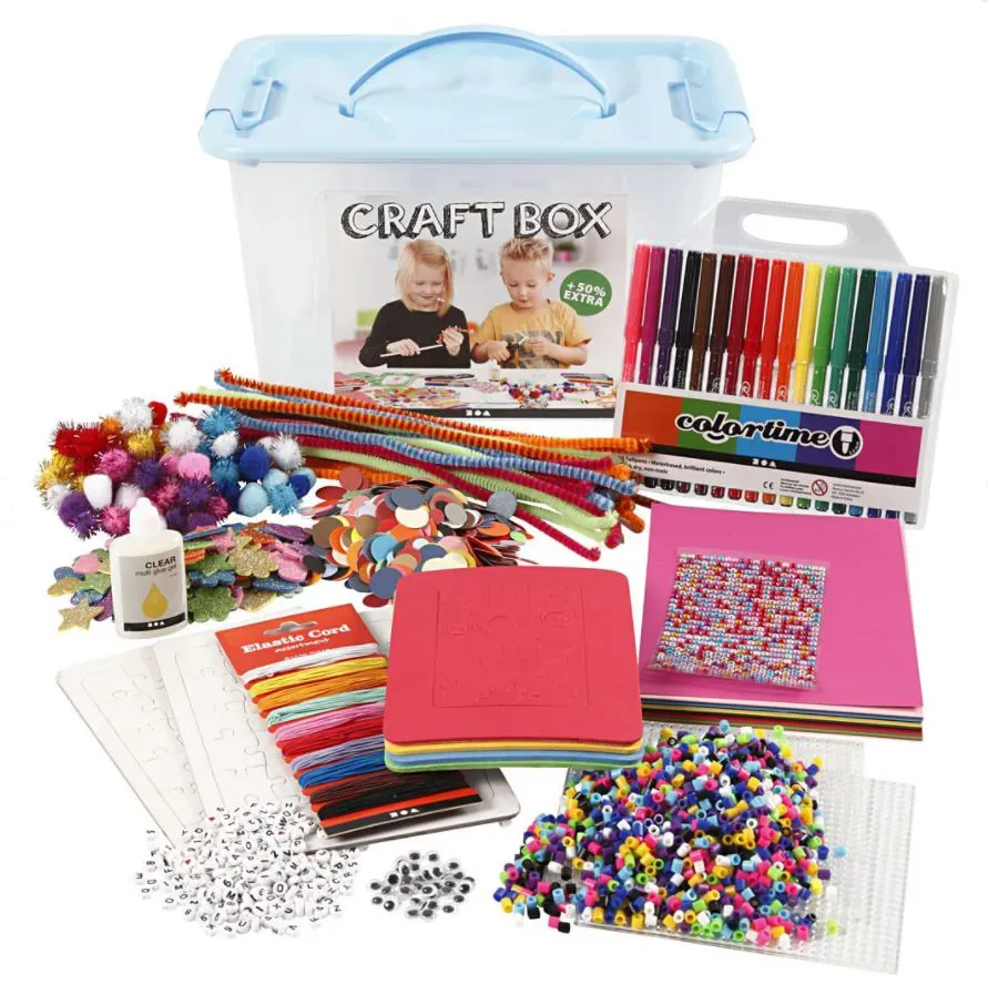 Bastelset Starterset Kinder - 34 x 24 x 20 cm, mehrfarbig, Karton/Plastik/Filz - Creativ Company - Filzstifte, Perlen, Aufbewahrungsbox