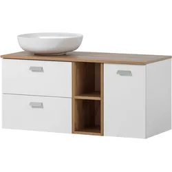 Waschtisch SCHILDMEYER "Mona", mattweiß, eichelandhausfarben, mattweiß, eichelandhausfarben, B:100,0cm H:59,5cm T:45,0cm, FSC-zertifizierter Holzwerkstoff, Waschtische, Kreamikbecken, Metallbeschläge, Vollauszüge
