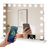 YITAHOME 18 LED Schminkspiegel Hollywood Stil, 80x60 cm, Kosmetikspiegel mit Bluetooth Lautsprecher, USB & Type-C Anschluss, 3 Farbtemperaturen dimmbar, 10X Vergrößerungsspiegel & Handyhalterung, Weiß