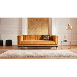 3-Sitzer "Chamby", gold (goldfarben), B:210cm H:71cm T:85cm, Luxus-Microfaser Lederoptik (100% Polyester), Scheuertouren: 40.000, Pilling: 4, Samtoptik (100% Polyester), Scheuertouren >100.000, Pilling: 5, GUIDO MARIA KRETSCHMER HOME & LIVING, Sofas, mit Holzrahmen unten und Steppung im Lehnenbereich