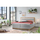 Belanoti Age Boxspringbett 180x200 Eiche 7-Zonen Taschenfederkern Matratze inkl Visco Topper Bett 180x200 in der Farbe Hellgrau H2/H3 Polsterbett Hotelbett mit Massivholz Eiche Massivholzbett