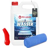 FEW LIQUIDS Destilliertes Wasser 5l -inkl. Ausgießer + Microfasertuch, Ideal für Auto & Bügelwasser | Demineralisiertes & Gereinigtes Wasser | Batteriesäure, Auto Wasser - Distilled Water (5 Liter)