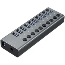 Renkforce RF-6027504 10 Port USB 3.2 Gen 2-Hub einzeln schaltbar, mit Aluminiumgehäuse Silber-Schwarz