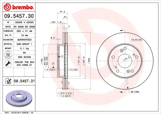 BREMBO Bremsscheibe 09545730 262mm 21mm für HONDA ACURA (DONGFENG)