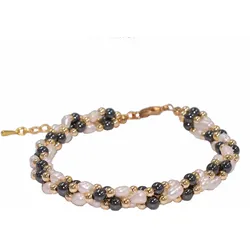 Armband FIRETTI "Schmuck Geschenk Armschmuck Armkette Edelstein Farbstein Hämatit", bunt (gelbgoldfarben, grau, weiß, grau), Armbänder, Damen, Messing-Perlen, Messing, Perlen, Made in Germany - mit Hämatit - mit Süßwasserzuchtperle