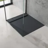 doporro Duschtasse Duschwanne 80x90x4 flach Mineralguss in Anthrazit DIN-Anschlüsse für bodenebene Montage geeignet Geoma04 -
