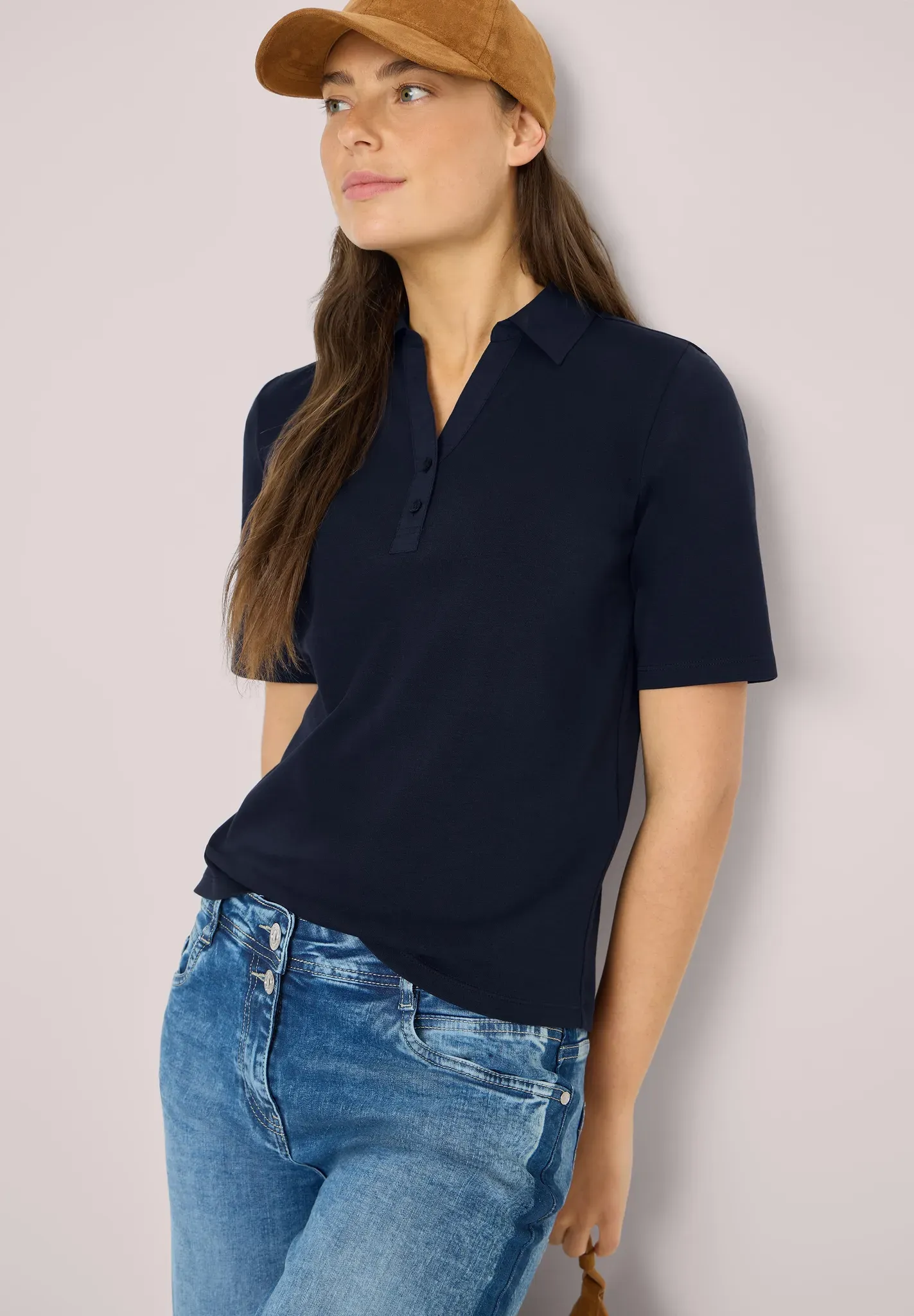 Poloshirt CECIL, Damen, Gr. 3XL, blau (universal blau), Web, 100% Baumwolle, unifarben, comfort fit normal, hoch geschlossener Ausschnitt, abgesteppt, Shirts, aus reiner Baumwolle