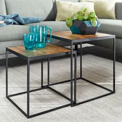 Kadima Design Mango Industrial: Beistelltische 2er Set, Massivholz, Metall, Unikate. 40x40x44 cm