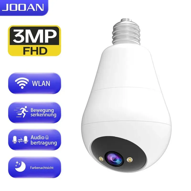 Jooan E27 Glühbirnen-Überwachungskamera, kabellos für Innen & Außen, 360° Schwenk-Neige, Farb-Nachtsicht, LED-Lampe & Spotlight, 2,4 GHz WLAN, Veranda-Lichtkamera für Haussicherheit