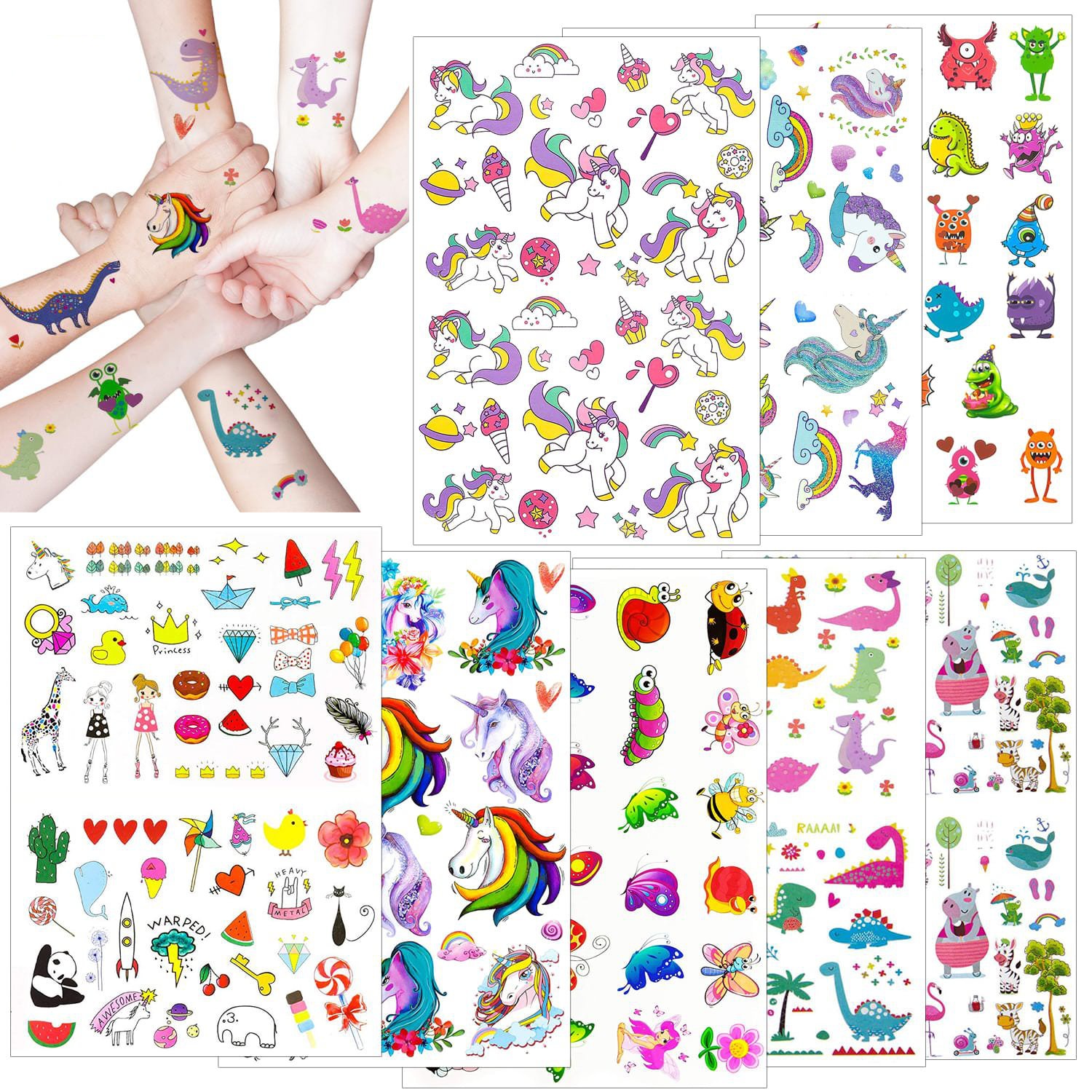 XXL Kinder Tattoo Set 208 Stück für Mädchen Einhorn Herz Panda Motive uvm. Spielen Kindergeburtstag