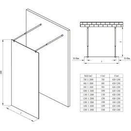 doporro Duschwand Duschtrennwand 110x200 Walk-In Dusche schwarz mit Doppel-Stabilisator aus Echtglas 8mm ESG-Sicherheitsglas Vollgrau inkl. Nanobeschichtung