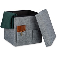 Relaxdays Faltbarer Sitzhocker 38 x 38 x 38 cm stabiler Sitzcube mit 3 Seitentaschen Sitzwürfel aus Leinen Sitzbank als Aufbewahrungsbox mit Stauraum und Deckel zum Abnehmen für Wohnraum, grau