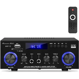 AMP-10 Bluetooth Verstärker, Mini Verstärker HiFi Stereo, 2-Kanal Audio Verstärker für 4–16Ω Lautsprecher, USB/SD/FM/AUX, Mikrofon, Echo, Bass, Fernbedienung