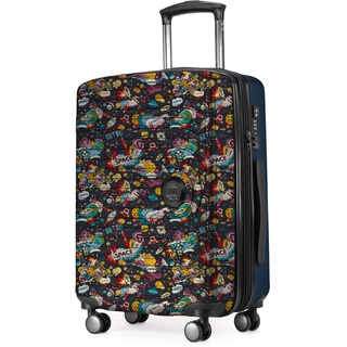 - Handgepäck, 2,9 kg kinderleicht, TSA, Hartschalenkoffer, Trolley 4. Rollen, Handgepäck 55 cm, 42 Liter, Motiv Koffer, SPACE Schwarz