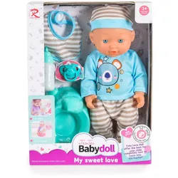 Moni Kinderpuppe 31 cm Töpfchen, Schnuller, Trinkflasche, Lätzchen, Kleidung hellblau
