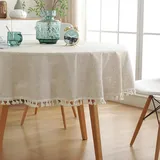 AMZALI Waschbare Baumwolle Leinen Tischdecken Stoff Quaste Tischdecke Staubdichte Tischdecke für Küche Dinning Tischplatte Home Decoration (Rund 152,4 cm, Leinen)