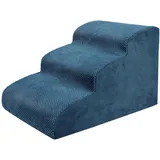kowaku Hundetreppe Haustiertreppe 3 Stufen, Katzentreppe mit Plüschbezug waschbar, Hunderampe Stufen Bettwäsche Welpenleiter für Bett, Sofa, Couch und Auto, Blau