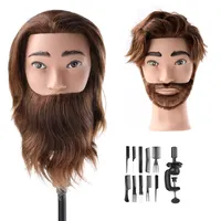 Mann Frisierkopf 100% Echthaar mit Bart Männlich Übungskopf Echthaar Friseur Kopf Puppenkopf Mannequin Kopf Mit Tischklemme + Kammsatz(19 Zoll)