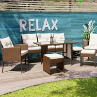 Swing&Harmonie Poly Rattan Sitzgruppe Esstisch Lounge Gartenmöbel Sitzgarnitur Garten-Garnitur Set + 2x Stühle + 1x Sitzbank + 2x Hocker - braun - Braun