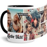 Tassendruck Fototasse mit Spruch - Ich Liebe Dich - zum Selbst gestalten personalisiert mit 4 Fotos, Innen & Henkel Schwarz, 300 ml