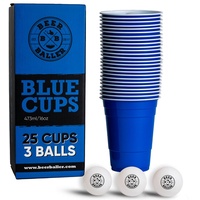 BeerBaller Becher BeerBaller® Blue Cups - 25 blaue Beer Pong Becher & 3 Bälle als Set, 16oz/473ml blau