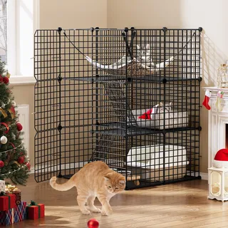 YITAHOME Katzenkäfig für Draußen, DIY-Katzengehege mit 3 Türen, 2 Leitern, Katzenlaufstall aus Metall 3-stöckige Haustierkäfig mit extra großer Hängematte für 1–2 Katzen Hase, Schwarz 72 x 72 x 104cm