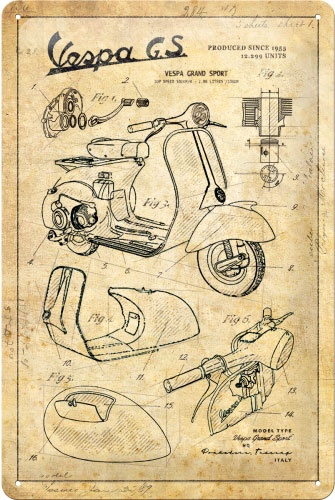 Nostalgic Art Vespa - Parts Sketches, panneau en fer-blanc - 30 cm x 20 cm