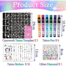 luxuskollektion Glitzer Tattoo Stifte Kinder 6 Farben Schablonen Einhorn Leuchtend