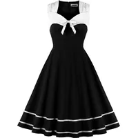 AXOE Damen Rockabilly Kleid 50er 60er Jahre Vintage Elegant Festlich Cocktailkleid für Hochzeitsgast Weiß mit Schwarz Punkten, Gr. 40, L - L