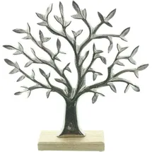 Dekoleidenschaft Baum Silber aus Aluminium & Mango Holz, Dekofigur 31 cm hoch, Tischdeko, Moderne Figur, Skulptur