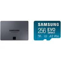 Samsung 870 QVO SATA III 2,5 Zoll SSD, 8 TB, 560 MB/s Lesen, 530 MB/s Schreiben, Interne SSD, schnelle Festplatte als Ersatz für HDD, MZ-77Q8T0BW & EVO Select microSD-Karte + SD-Adapter, 256 GB