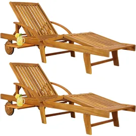 CASARIA Gartenliege 2er-Set Akazienholz klappbar mit Ausziehtisch und Rollen
