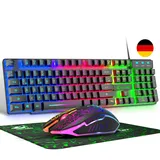 QWERTZ Deutsches DE Layout Kabelgebundene Gaming Tastatur und Maus Set 104 tasten LED Regenbogen Farben Beleuchtete 2400 DPI 6-Tasten-Maus Tastatur und Maus kompatibel mit PC PS5 PS4 Xbox-Schwarze