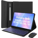 MAYPHY Tastatur Hülle Mit Hintergrundbeleuchtung und Maus für Samsung Galaxy Tab S10FE/S9FE 10.9 Zoll, Tab S9/S8/S7 11 Zoll, Schlanke Hülle mit Abnehmbarer Tastatur, Deutsches QWERTZ Layout, Schwarz