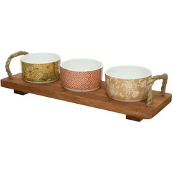 Tapas Set - Servierset - Holzbrett mit 3 Schalen - L: 36cm - Porzellan - mediterran