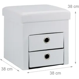 Relaxdays Sitzhocker faltbar, Stauraum 2 entnehmbare Fächer, HxBxT:38x38x38cm, Kunstleder Ottomane weiß