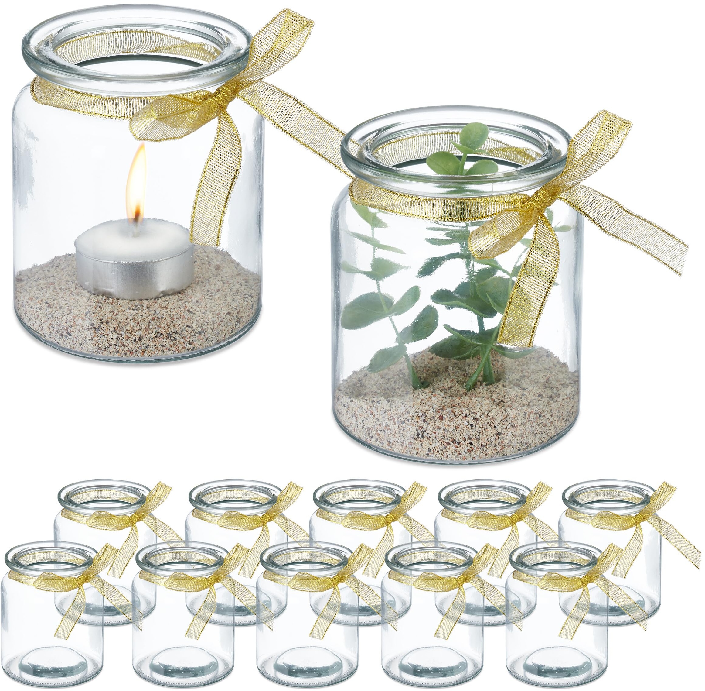 Relaxdays Windlicht, 12er Set, aus Glas, innen & außen, H x D: 9,5 x 8 cm, Teelichthalter mit Schleife, transparent/Gold
