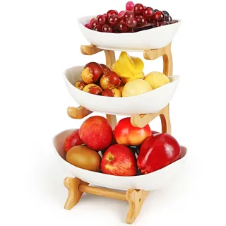 Diealles Shine Keramik Obst Etagere mit 3 Etagen, Platzsparendes Obstkorb Etagere für die Familie, Stabil Und Ohne zu Zittern, Obstschale Modern mit Natürlichem Bambus Steher, für Gemüse, Obst, Snacks