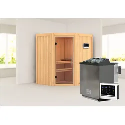 Sauna KARIBU "»Liyah« mit Klarglastür naturbelassen", beige (naturbelassen), Bio-Kombiofen, externe Steuerung, (ohne Ofen), Saunen, in verschiedenen Ausführungen erhältlich