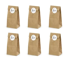 PartyDeco 6 Papiertüten mit Aufklebern Love 8x6x18cm Bodenbeutel zum Befüllen Geschenktüten Hochzeit Geburtstag Weihnachten Geschenk Mitgebsel Tüten Natur Braun