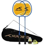 Hundred Badmintonschläger Powertek Star Badminton Set zwei Schlägern und Zubehör Komplettpaket, (Badminton Spielset, 2 Schläger, Schutzhülle, Federbälle), Leichtbauweise, spielbereit, ideal für Anfänger blau