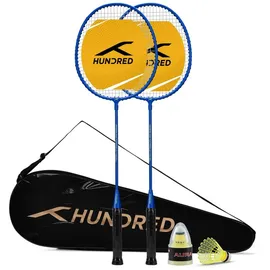 Hundred Badmintonschläger Powertek Star Badminton Set zwei Schlägern und Zubehör Komplettpaket, (Badminton Spielset, 2 Schläger, Schutzhülle, Federbälle), Leichtbauweise, spielbereit, ideal für Anfänger blau