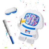 relaxdays Pinata Set Astronaut mit Stab und Maske, Astronaut blau|gelb|weiß
