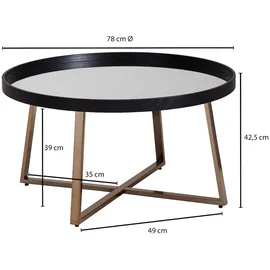 KADIMA DESIGN Design Couchtisch Rund Ø 78 cm Dunkel-Gold mit Spiegel Glasplatte Wohnzimmertisch Schwarz Metall-Gestell, Großer
